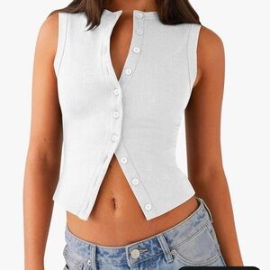 White Sleeveless Button Down Top